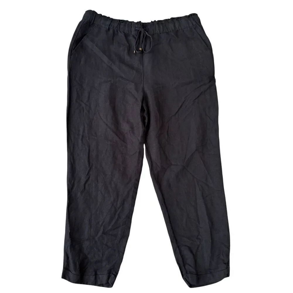 Loft black linen blend ankle pants elastic drawstring waist size XL